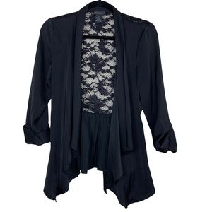 Spense Black Lace Back Open Waterfall Asymmetrical Front 3/4 Sleeve Blouse Top S